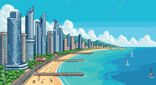 Futuristic coastal cityscape with skyscrapers and boats in pixel art style