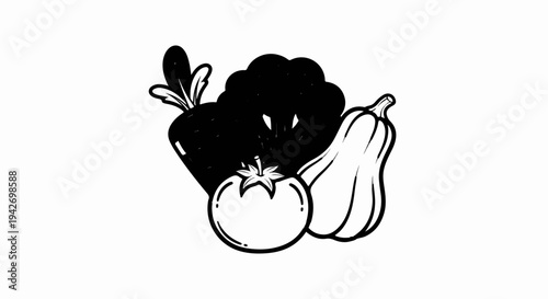 A black and white illustration of various vegetables including a tomato, carrot, broccoli, and squash