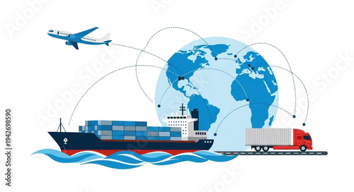 Global Logistics Transportation Cargo Ship Truck Airplane.