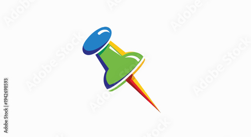 A colorful pushpin with a blue cap and green body is angled