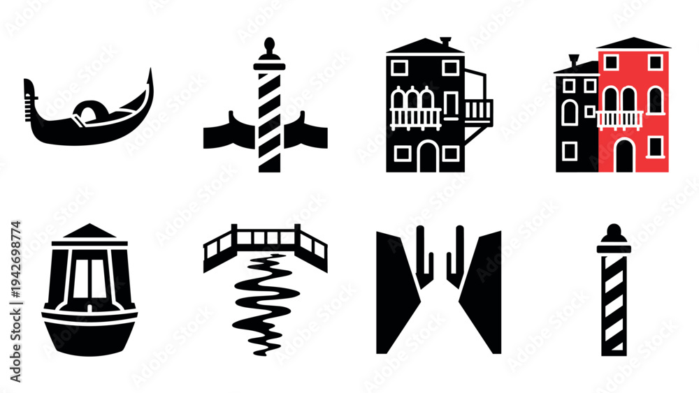 Fototapeta premium Venetian icon set: gondola, architecture, and landmarks in minimalist style