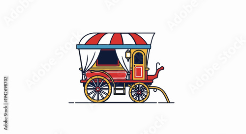 A colorful, stylized illustration of a vintage caravan with red, yellow, and blue accents