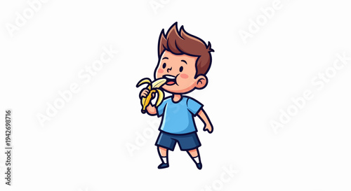 A cartoon boy happily eating a banana with stuffed cheeks
