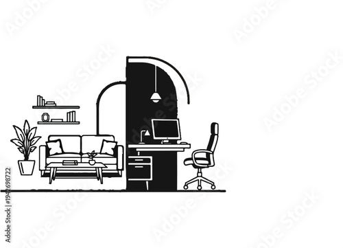 A split image shows a minimalist living room area next to a desk setup