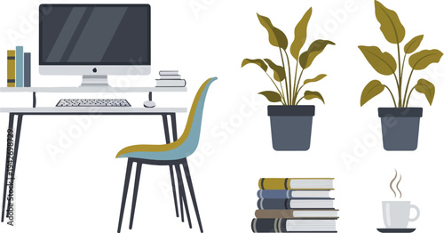 A computer desk setup with plants, books, and a cup of coffee