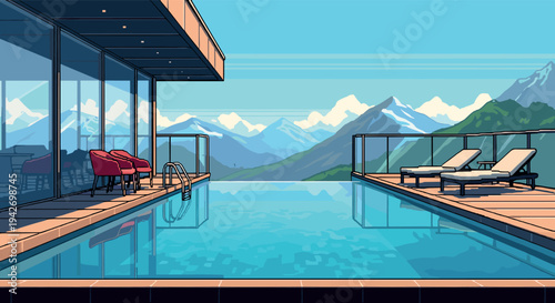 Modern poolside escape with mountain view in retro pixel art style