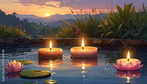 Glowing candles on a serene pond reflecting the sunset over mountains