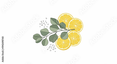 A sprig of eucalyptus and sliced lemons with scattered salt crystals