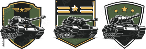 "Set of stylized military tank emblems with shield designs, stars, and insignia elements, perfect for defense graphics, war history, combat strategy, and gaming iconography"