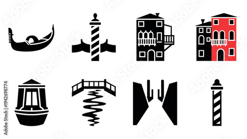 Venetian icon set: gondola, architecture, and landmarks in minimalist style