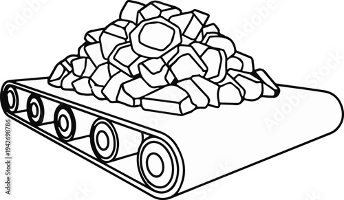 A conveyor belt carries a pile of rough stones
