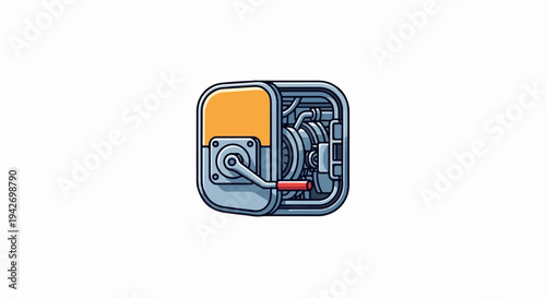 A square, retro-style generator with a crank and internal mechanics visible