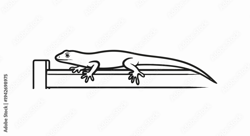 Fototapeta premium A black and white line drawing of a gecko resting on a horizontal bar