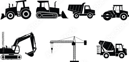 Construction machinery silhouette set with excavator, bulldozer, dump truck, road roller, tower crane and cement mixer, heavy equipment vector icons for building industry