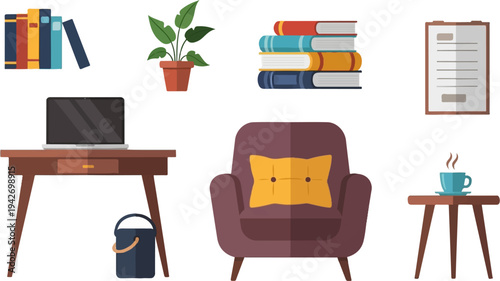 A cozy home office setup with books, plant, laptop, and armchair