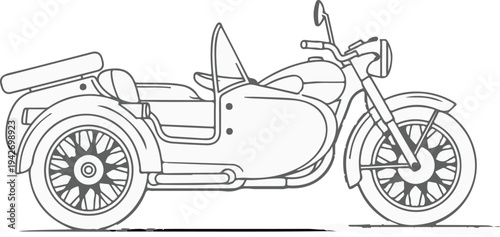 A black and white line drawing of a classic motorcycle with a sidecar