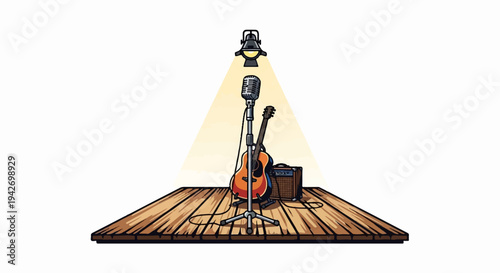 A stage with a spotlight, microphone, acoustic guitar, and amp