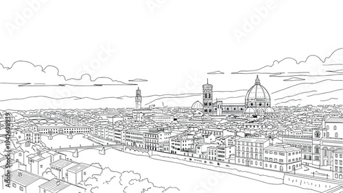 Panoramic city skyline with famous dome and river: a linear urban landscape