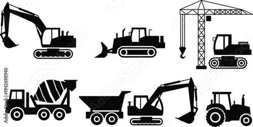 Construction machinery silhouette set including excavator, bulldozer, crane, tractor, dump truck and cement mixer, heavy equipment vector icons for building and engineering industry
