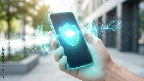 Businessman holding smartphone with floating digital shield and vpn icon. Cyber security, data protection and internet privacy concept. Secure connection technology for modern communication.
