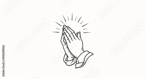 A stark black and white drawing of hands clasped together in prayer, with radiating lines