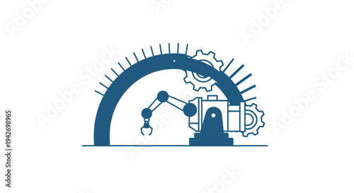 Robotic arm and gears inside a semi-circle gauge.