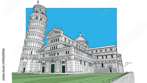 Detailed architectural drawing of leaning tower of pisa and cathedral against blue sky