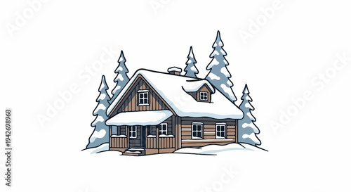 A cozy wooden cabin nestled amongst snow-covered pine trees in winter