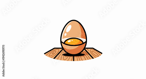 A cracked egg with yellow yolk rests on a wooden surface