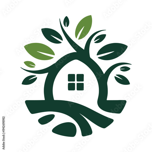 Eco-friendly home integrated with nature through a stylized tree and house design