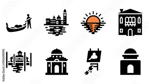 Venetian icons: sunset, gondola, and historic architecture in bold silhouette