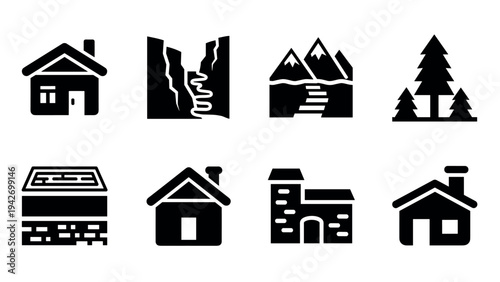 Collection of minimalist black icons of houses and nature elements