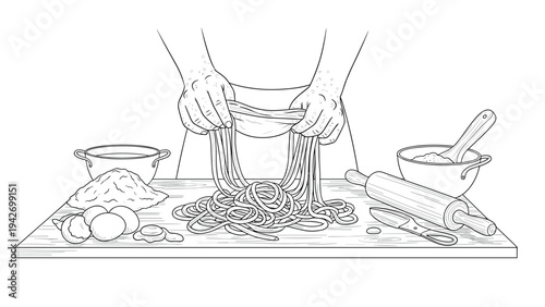 Line art of pasta making scene with hands kneading dough on kitchen table