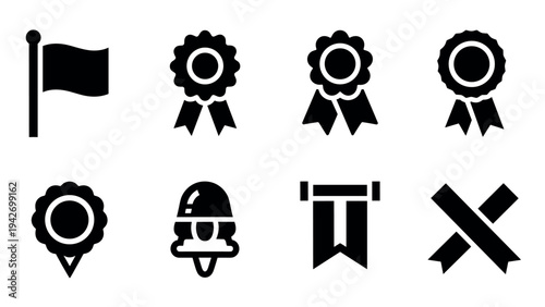 Monochrome icon set featuring award ribbons, flags, and badges