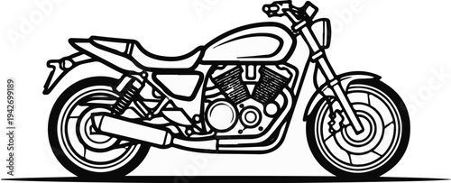 A black and white line drawing of a motorcycle, viewed from the side