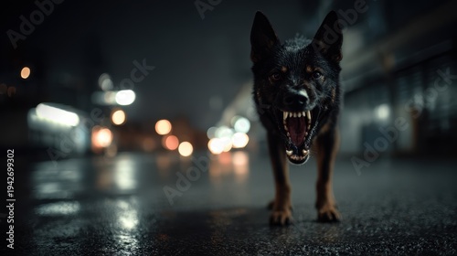 Ferocious canine with bared teeth and bristling fur in dramatic street lighting