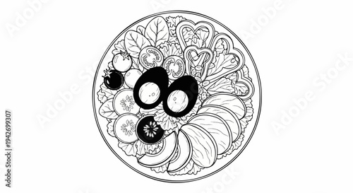 A black and white line drawing of a round salad with eggs, tomatoes, cucumbers, and bell peppers