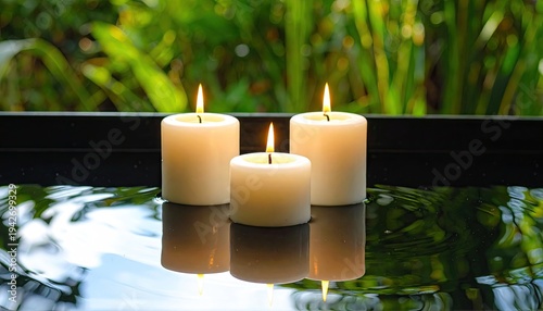 Lit candles reflect in water, framed by lush green foliage