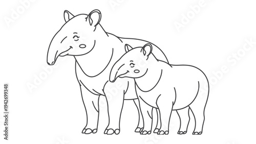 Friendly Tapir Duo: A charming line art illustration depicts two tapirs, an adult and a juvenile, standing side-by-side with gentle expressions.