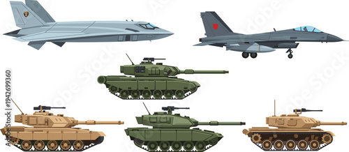"Collection of modern military vehicles including fighter jets and armored tanks, showcasing defense technology, combat equipment, war strategy graphics, and educational illustration resources"