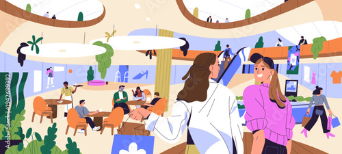 People walk in shopping mall. Interior of modern multi story commerce center with escalators and stores. Friends and crowd of customers make purchases, eat on food court. Flat vector illustration