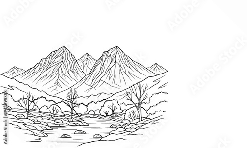 A stark line drawing depicts a mountain range with a river flowing through the rocky foreground