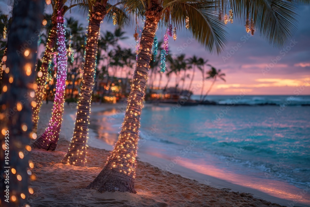 Fototapeta premium Festive palm trees on a tropical beach with Christmas lights at golden hour