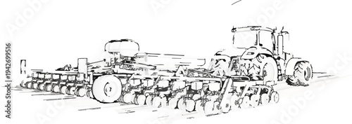 A black and white line drawing of a tractor pulling agricultural planting equipment