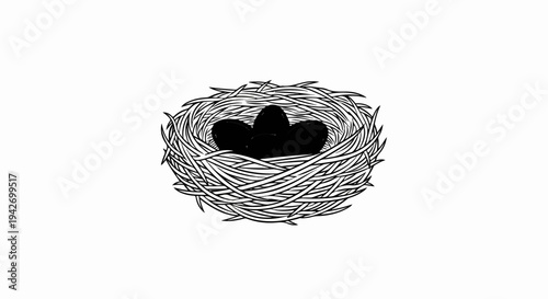 A simple line drawing of a bird's nest with four dark eggs inside