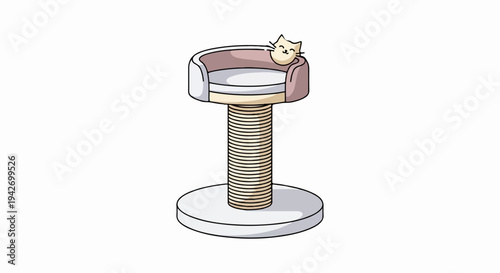 A cartoon cat lounges on a multi-level scratching post with a cushioned seat
