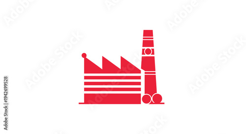 Red Factory Building Icon with Smokestack and Gears.