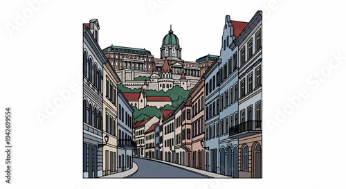 A cobblestone street curves uphill towards a grand building