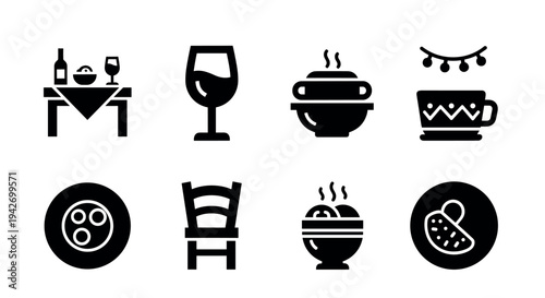 Silhouette icons of dining and beverage items for café and restaurant themes