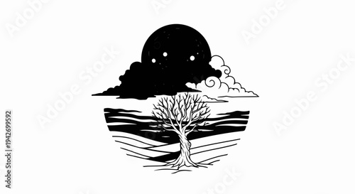 A stark, linework illustration depicts a leafless tree under a cloudy night sky